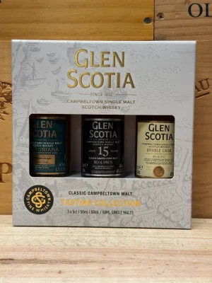 Glen Scotia giftpack met 3x5cl – Victoriana, 15 Year Old en Double Cask in luxe doos. Campbeltown whiskyset, ideaal als cadeau of relatiegeschenk.