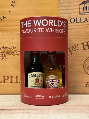 The World Favourite Whiskies 4x5cl giftpack – Ballantine’s, Jameson, Chivas 12 en Glenlivet Founder’s Reserve in luxe verpakking, ideaal als cadeau of relatiegeschenk.