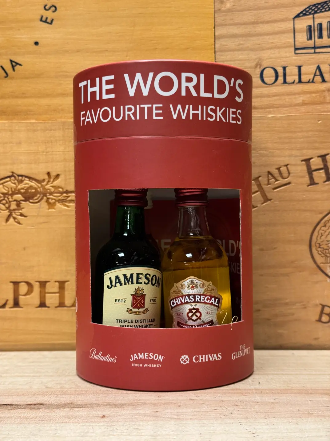 The World Favourite Whiskies 4x5cl giftpack – Ballantine’s, Jameson, Chivas 12 en Glenlivet Founder’s Reserve in luxe verpakking, ideaal als cadeau of relatiegeschenk.