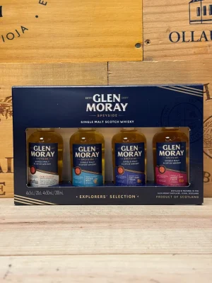 Glen Moray Whisky 4x5cl giftpack – Elgin Classic, Port, Peated en Sherry Cask Finish in luxe verpakking. Perfect als proefset, cadeau of relatiegeschenk.