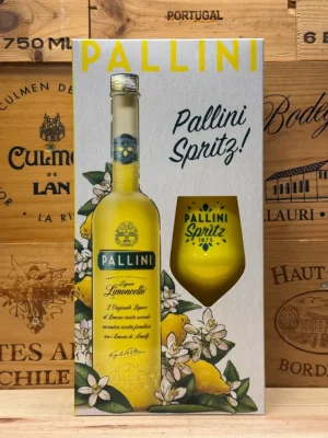 Pallini Limoncello geschenkverpakking met Spritz glas – Italiaanse citroenlikeur uit Amalfi in luxe doos, ideaal als zomers cadeau of relatiegeschenk.