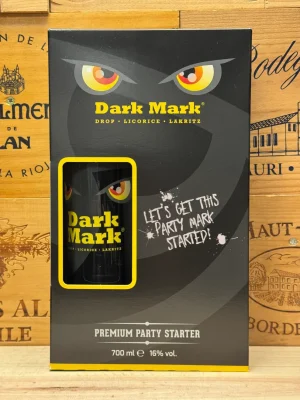 Dark Mark Drop Likeur giftset met fles en vier borrelglaasjes in stoere geschenkverpakking.