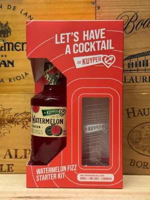 Giftpack met De Kuyper Watermeloen likeur en een stijlvol glas in kleurrijke geschenkverpakking.