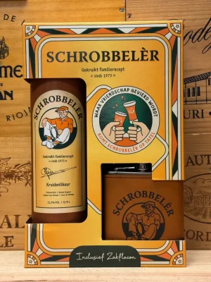 Schrobbelèr geschenkverpakking met fles en metalen zakflacon in luxe doos.