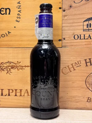 Fles Goose Island Brand Stout 2015 gerijpt op rye whiskeyvaten met fruit en zeezout.