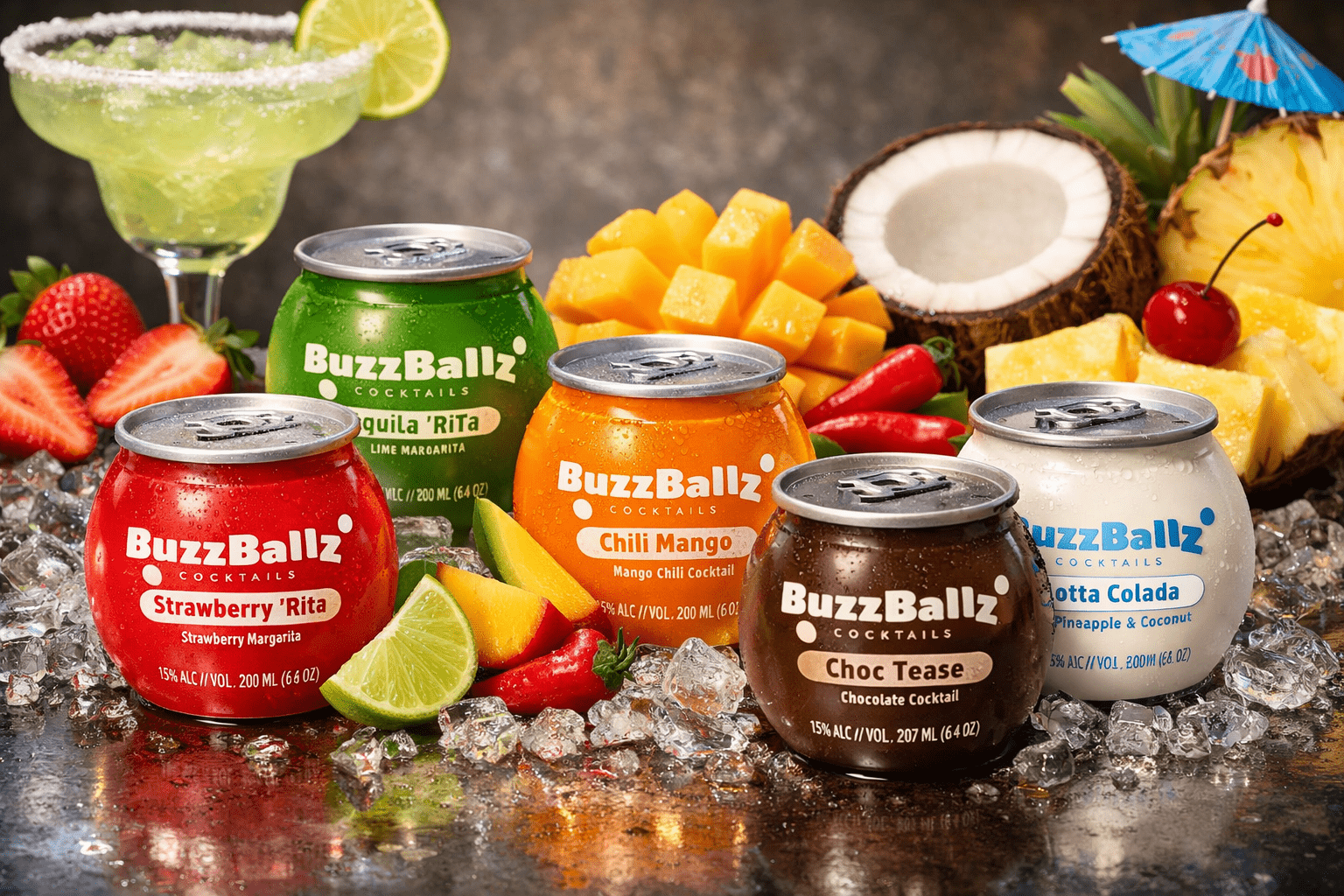 BUZZBALLZ BUZZBALLZ premixed cocktails in opvallende bolvormige verpakking met vijf smaken, single serve cocktail met 13,5% alcohol.
