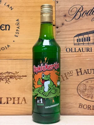 Fles Opkickertje Original likeurshot met herkenbare groene kikker snoepje smaak.