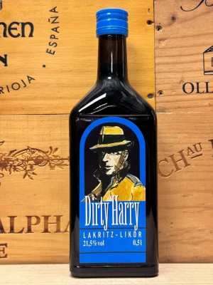 Fles Dirty Harry Lakritz lakritzlikeur met uitgesproken zoute dropstijl.