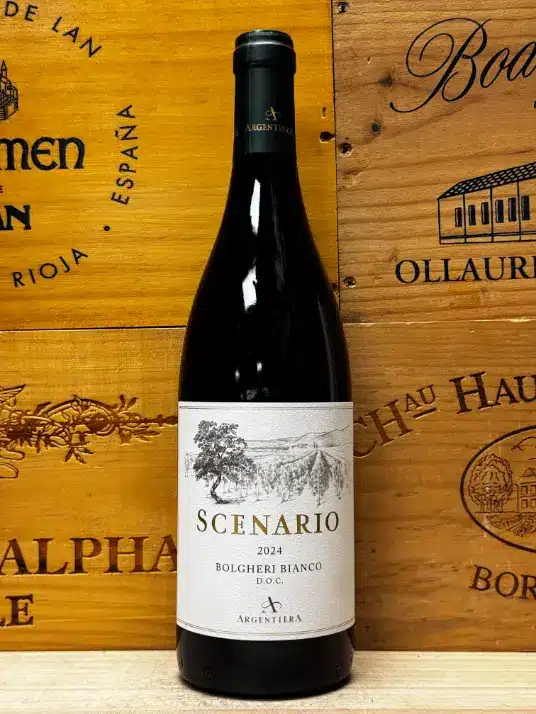 Fles Argentiera Scenario Bolgheri Bianco Vermentino witte wijn van Tenuta Argentiera uit Toscane.